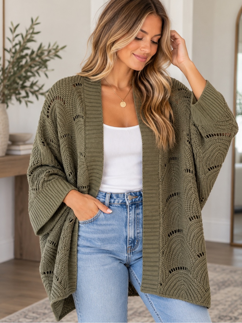 Hem & Thread Olive Green Open Knit Oversized Cardigan One Size NWT